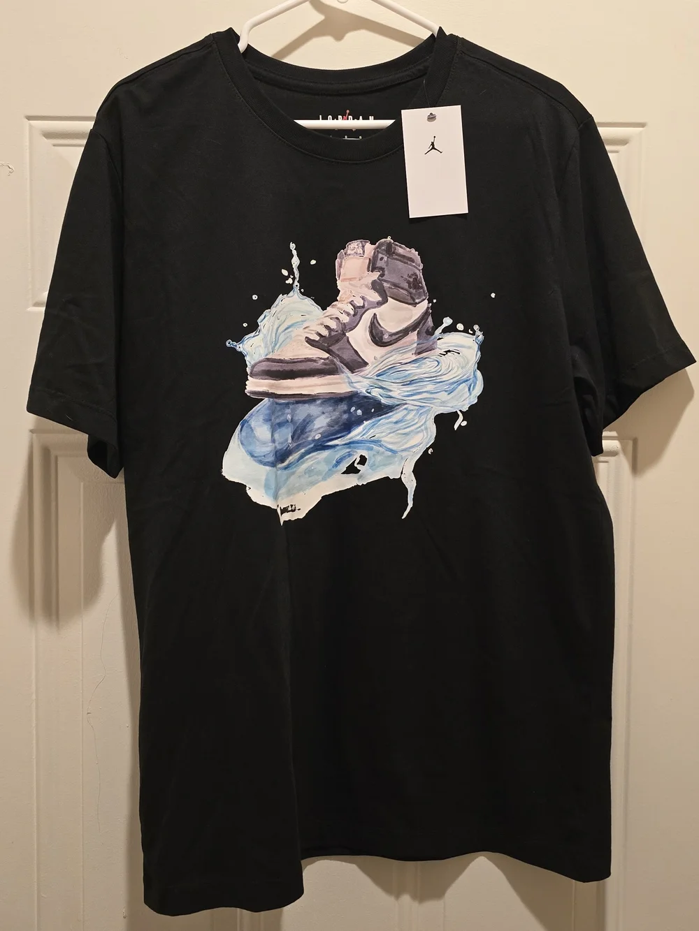 Jordan Black Tee with Blue and White Sneaker Graphic